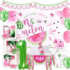 One in A Melon Party Decorations, Watermelon First Birthday Party Supplies, Watermelon Birthday Party Supplies, One in a Melon Backdrop High Chair Banner, Baby 1st Birthday Balloon Boxes for Girl 1st Birthday Party