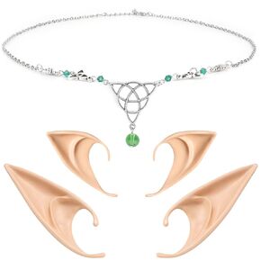 FRESHME Elf Ears with Celtic Knot Head Chain Kit - Short and Long Fairy Ears with Black Crystal Bead Silver Headpiece Pagan Headband Chain, Women Christmas Halloween Renaissance Costume Hair Cosplay Accessories