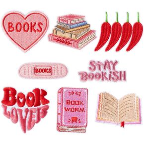 8Pcs Bookish Iron on Patches Pink Sew on Repair Embroidered Applique DIY Craft Accessories Book Club Reading Gifts for Women Girls Bookworm Book Lover Clothes Backpacks Hats Dress Jackets Jeans