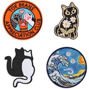 WLLHYF Embroidered Iron On Patches, 4 Pcs Great Wave Cats Patches Funny Cute Colorful Embroidered Appliques DIY Accessories for Backpacks Jackets Jeans Bags