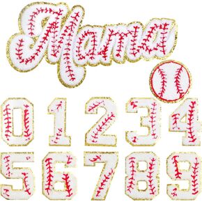 10pcs Number Iron on Patches Decorative 0-9 Numbers Chenille Repair Patch Embroidered Applique, 1pcs Baseball Style Patch and 1pcs Letter "Mama" Patch, for Clothing Hat Shirt Bag Jacket Jeans