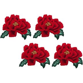 4 Pcs Red Peony Floral Embroidered Iron On/Sew Patches Flower Repair Decorative Patch Applique for Clothes Denim Jackets T-Shirt Dress Backpacks Jeans Hats DIY Accessory Embroidered Appliqué Patches