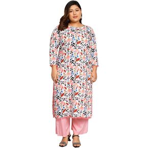 Tissu Mother's Day Gifts Women's Plus Size White & Pink Printed Kurta with Palazzo