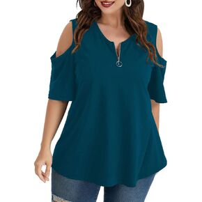 AMCLOS Plus Size Tops for Women Solid Zipper Cold Shoulder T-Shirt Casual Blouse Tunics Summer