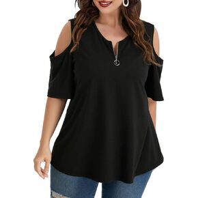 AMCLOS Plus Size Tops for Women Solid Zipper Cold Shoulder T-Shirt Casual Blouse Tunics Summer