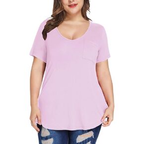 MONNURO Plus Size Tops for Women Casual V Neck Summer Short Sleeve T Shirts with Pocket