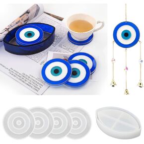 Silicone Evil Eye Silicone Molds, 4PCS Coaster Molds with 1PC Coaster Storage Box Molds for DIY Candle Holder, Candy Container, Coaster, Home Decor (4PCS Coaster + 1PC Storage Box)