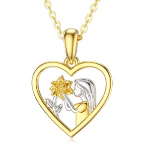 14K Solid Gold Heart Sunflower Necklace,"You Are My Sunshine" Gold Sunflower and Girl Heart Pendant Necklace Jewelry Love Gift for Women, Sisters, Teens, 18 inch