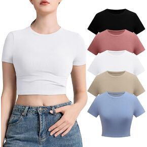 INIBUD Crop Tops for Women 5 Pack Cropped Tshirt Short Sleeve Crew Neck Summer Slim Fitted Tight Basic Y2K Baby Tee