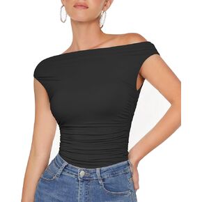 MOOSLOVER Women Off The Shoulder Tops Double Lined Fitted T Shirts Y2K Going Out Crop Tops in Kuwait