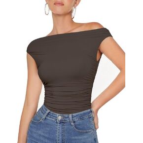 MOOSLOVER Women Off The Shoulder Tops Double Lined Fitted T Shirts Y2K Going Out Crop Tops