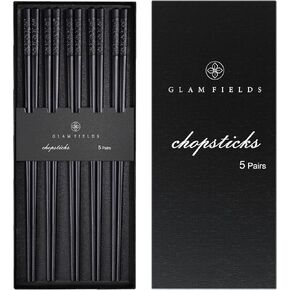 GLAMFIELDS 5 Pairs Premium Chopsticks Reusable Dishwasher Safe 9.5 Inch Fiberglass Chop Sticks Gift Set Non Slip Black+Gold