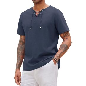 Alimens & Gentle Mens Cotton Linen Shirts Short Sleeve Casual Hippie Summer Shirts Beach Lace Up Hawaiian Camp Shirt