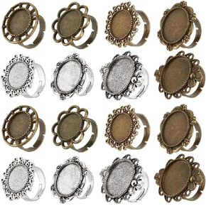 SUNNYCLUE 16Pcs 8 Style Adjustable Blank Rings Bulk Bezel Ring Blanks Antique Silver Bronze Cabochon Settings Flower Flat Round Vintage Finger Rings Components for Women DIY Ring Jewelry Making Crafts