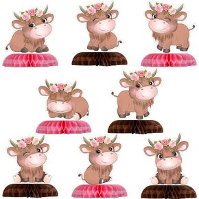 8 Pcs Highland Cow Print Honeycomb Centerpieces Farm Animal Cow Theme Party Honeycomb Table Topper Cow Baby Shower Decorations for Western Cowboy Girl Kids Children's Birthday Supplies Favors