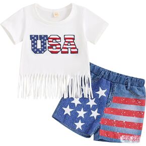 Fourth of July Baby Girl Outfit Toddler Memorial Day Clothes Embroidery Usa Tassels T-shirt Denim Jeans Shorts Set
