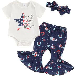 FIOMVA Newborn 4th Of July Outfit Baby Girl Romper Flare Pants Set Infant Bodysuit Bell Bottoms Summer Toddler Clothes