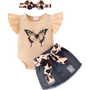 Baby Girl Summer Clothes Cute Butterfly Printed Romper + Denim Skirt + Headband 3 pcs Shorts set 0-18 Months