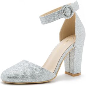 Women's Closed Toe Heels Ankle Strap Pumps Chunky Block High Heel D'Orsay Wedding Dress Shoes