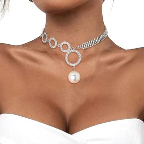 ELABEST Sparkly Rhinestone Necklace Pearl Necklace Crystal Choker Circle Necklace Trendy Tennis Chain Dainty Wedding Bridal Bridesmaid Jewelry for Women and Girls