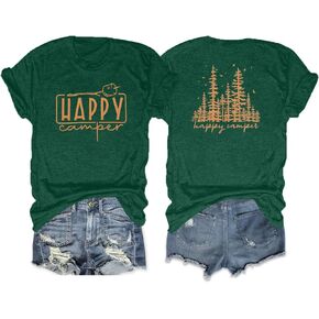 قمصان التخييم والمشي لمسافات طويلة والمغامرات تي شيرت: Happy Camper Gifts قمصان نسائية كلاسيكية ذات رسومات جبلية وأكمام قصيرة
