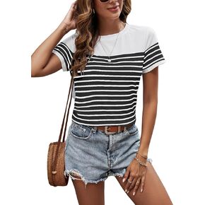 SweatyRocks Women's Short Sleeve T Shirt Striped Print Round Neck Casual Soft Knit Tee Top