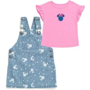 Disney Minnie Mouse Vintage Wash Denim Overall Dress and T-Shirt Outfit Set Infant to Little Kid