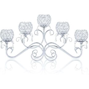 5 Arms Crystal Pendant Bowl Tealight Candelabra Crystal Votive Candle Holder, 5-arms Metal Crystal Tea Light Candlestick Holder for Table Centerpiece Wedding Home Decor (Gold