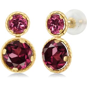 Gem Stone King 14K Yellow Gold Red Rhodolite Garnet and Pink Tourmaline Earrings For Women (2.48 Cttw, Gemstone January Birthstone, Round Cut 6MM and 4MM)