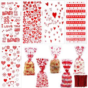 CH HAICHENG 120 Pcs Valentines Cellophane Bags Valentine's Day Treat Bags, 5 Assorted Styles Valentine Goodies Bags with Twist Ties for Cookie Candy Valentines Day Party Supplies