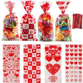 FloraSea 200 PCS Valentine's Day Cellophane Gift Bag,Valentine Day Gift Bag, Candy Bag with 4 Valentine's Themed Designs for Kids Party Favor, Classroom Exchange Prizes,Valentine's Goody Bag