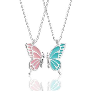 BFF Necklace for 2 Butterfly Friendship Best Friend Necklace Matching Pendant Forever Bestie Necklaces Pink and Blue Butterfly Long Distance Birthday Gifts for Mother Daughter Women Girls