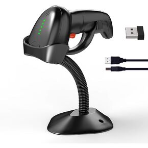 Wireless 1D/2D QR Code Barcode Scanner, Automatic Scanning with Stand, 2.4G Wireless and Wired Bar Code Reader Handheld Battery-Powered Barcode Scanner