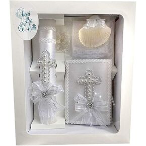 Swea Pea & Lilli White Pearl Cross Baptism Candle Set Kit for Christenings with Shell - Spanish