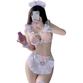 Sexy Lingerie Set for Women French Maid Costume Cute Uniform with Apron Halloween Cosplay Lingeries Pink Outfit White