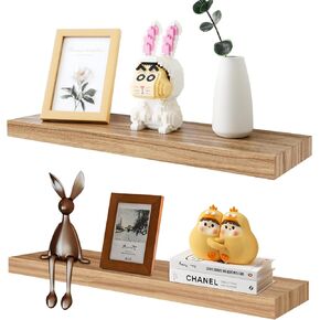 Floating Shelves for Wall, 19.7In Wall Shelves Set of 2, Bathroom Shelves with Invisible Brackets, Natural Wooden Wall Mounted Shelves for Bedroom/Living Room, Easy to Install, Renter Friendly