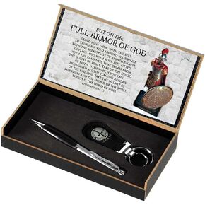 Dicksons Full Armor of God Inspirational 2 Presentation Boxes, 2 Black Grip Retractable Writing Ballpoint Pens with Black Ink & 2 Key Rings, 6-Piece Gift Set