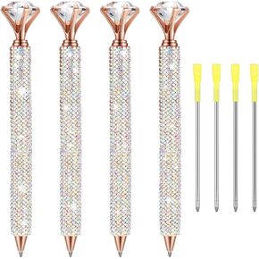 4 Pcs Diamond Pens with Crystal Bling Metal Ballpoint Pens Bridal Shower Retractable Black Ink Rhinestone Writing Pens with Replacement Refills for Women Wedding Office Birthday (AB Color)