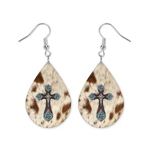Faux Cowhide Cross Texas Longhorn Wood Earrings - Teardrop Earrings - Raindrop Earrings - Western Earrings - Wood Printed Earrings