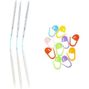 addi FlexiFlips 8 inch (20cm) (Set of 3) US 2.75mm DPN Double Pointed Knitting Needle Slick & Smooth Finish, Standard Tips, Smooth Joins, Blue Pliable Cord Bundle with 10 Artsiga Crafts Stitch Markers