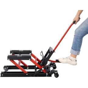 Hydraulic Motorcycle Lift Jack, 1500 LBS Capacity Scissor Lift Jack, Portable Motorcycle Lift Table with 4 Wheels, Hydraulic Foot-Operated H-oist Stand for Motorcycle UTV Black+Red One Size