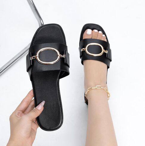 Women's Flat Sandals Fashion Square Open Toe Slides With Metal Chain Slippers Dressy for Summer Size 7-12 in Saudi Arabia