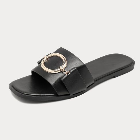 Women's Flat Sandals Fashion Square Open Toe Slides With Metal Chain Slippers Dressy for Summer Size 7-12 in Saudi Arabia