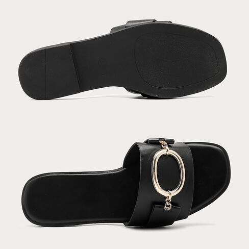 Women's Flat Sandals Fashion Square Open Toe Slides With Metal Chain Slippers Dressy for Summer Size 7-12 in Saudi Arabia