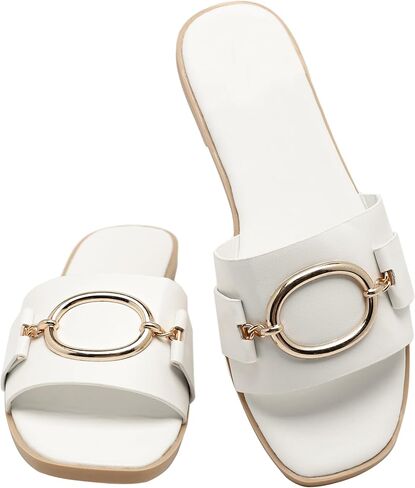 Women's Flat Sandals Fashion Square Open Toe Slides With Metal Chain Slippers Dressy for Summer Size 7-12 in Saudi Arabia