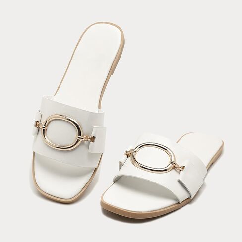 Women's Flat Sandals Fashion Square Open Toe Slides With Metal Chain Slippers Dressy for Summer Size 7-12 in Saudi Arabia