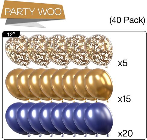 PartyWoo Navy Blue Gold Balloons, 40 pcs Latex Balloons, Navy Blue Balloons, Gold Confetti Balloons and Metallic Gold Balloons, Party Balloons for Navy Blue and Gold Wedding, Navy Gold Baby Shower in Saudi Arabia