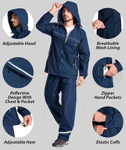 جاكيت المطر الرجالي من ZITY مقاوم للماء معطف واق من المطر خفيف الوزن بغطاء للرأس مناسب للجولف وصيد الأسماك والمشي لمسافات طويلة وركوب الدراجات in Kuwait