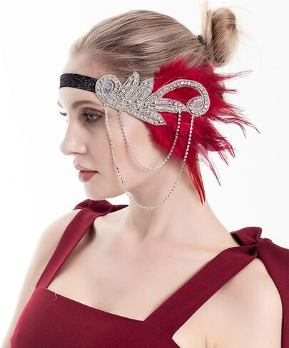 Bridal 1920s Flapper Feather Headband with Stretchy Band Crystal Beaded Tassel Feather Headpiece Hair Jewelry for Women and Girls (Blue) in Saudi Arabia