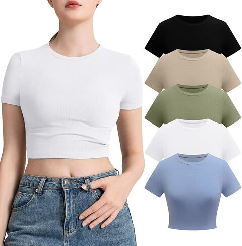 INIBUD Crop Tops for Women 5 Pack Cropped Tshirt Short Sleeve Crew Neck Summer Slim Fitted Tight Basic Y2K Baby Tee in Saudi Arabia